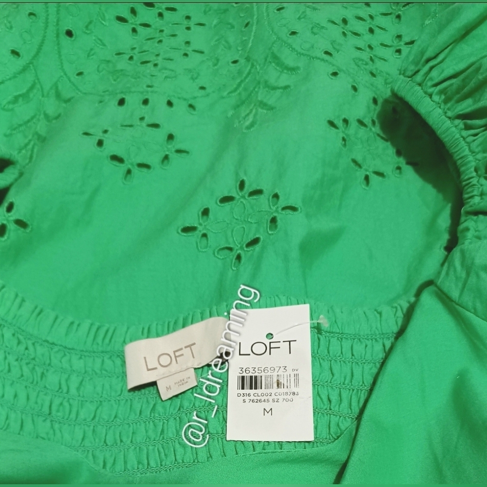 NWT Loft Green Eyelet Midi Dress with Smocked Bodice Size Medium - Picture 4 of 8